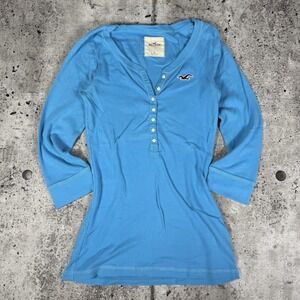 Y2K Hollister Shirt Womens Large Blue Henley 3/4 Sleeve Ribbed Slim Fit Stretch